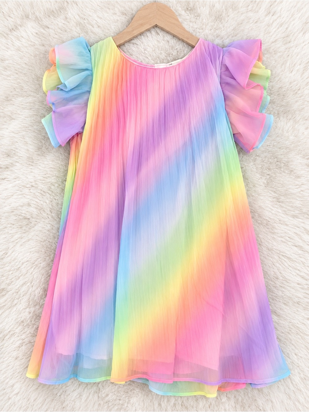 H&M Girls Size 10 Pastel Rainbow Ruffle Sleeve Dress